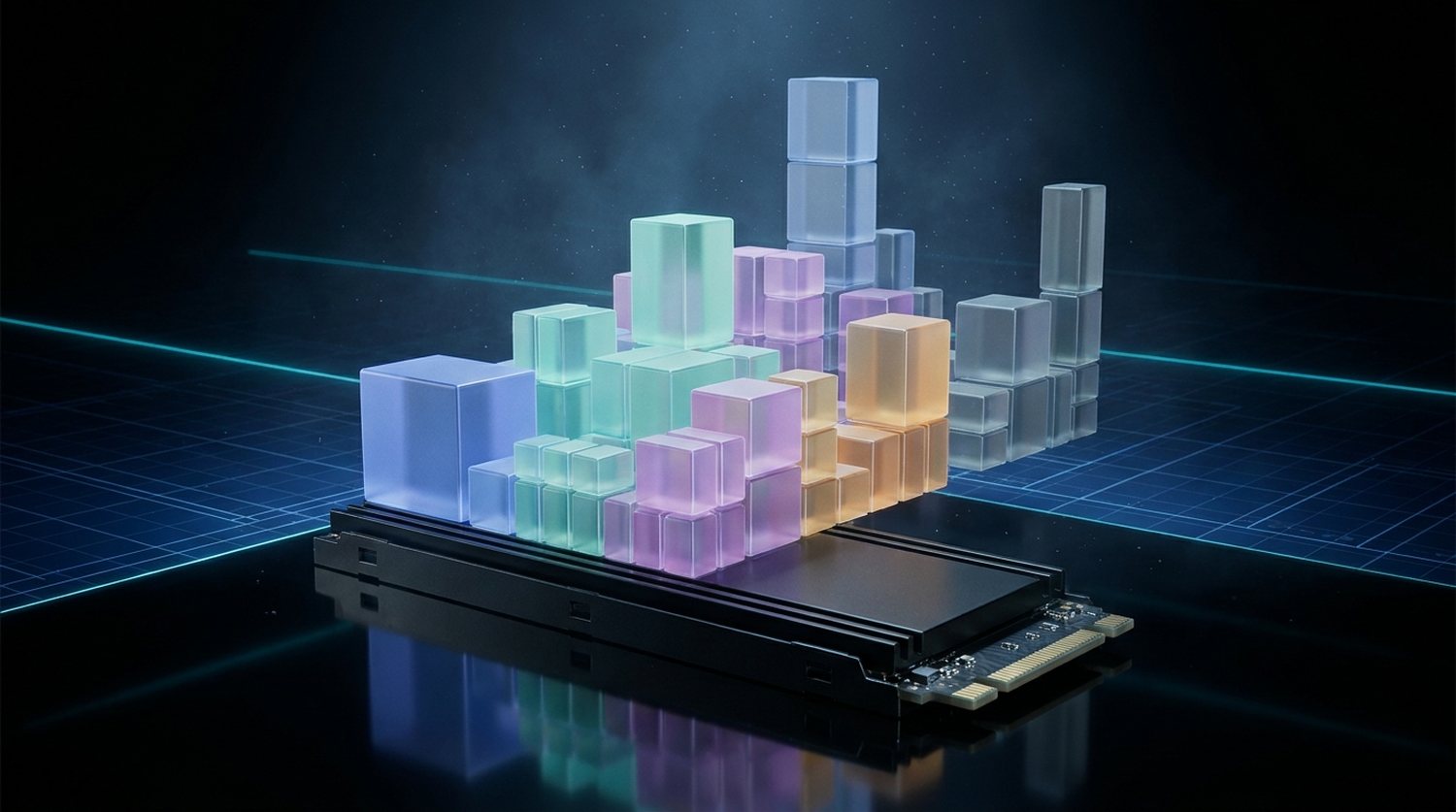 Atlas Intel: translucent data blocks rising from an SSD, the app's visual identity